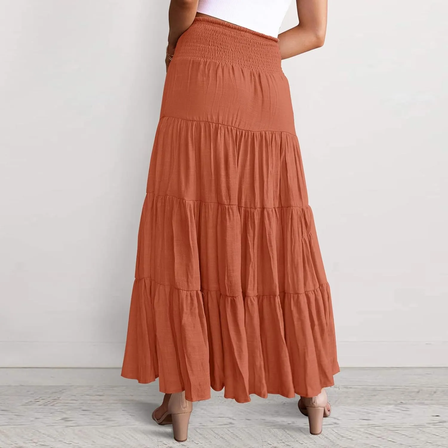 Long Skirts for Women Boho High Waisted Trendy A-Line Cute Skirts Solid Color Ruffle Pleated Skirt Maxi Skirt