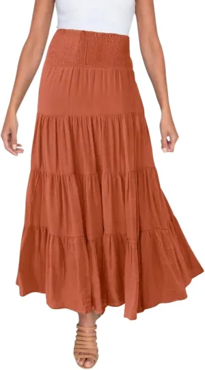 Long Skirts for Women Boho High Waisted Trendy A-Line Cute Skirts Solid Color Ruffle Pleated Skirt Maxi Skirt