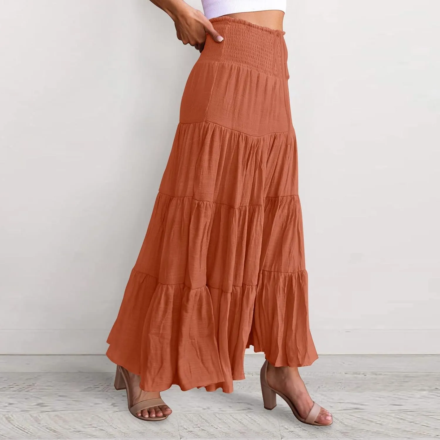 Long Skirts for Women Boho High Waisted Trendy A-Line Cute Skirts Solid Color Ruffle Pleated Skirt Maxi Skirt