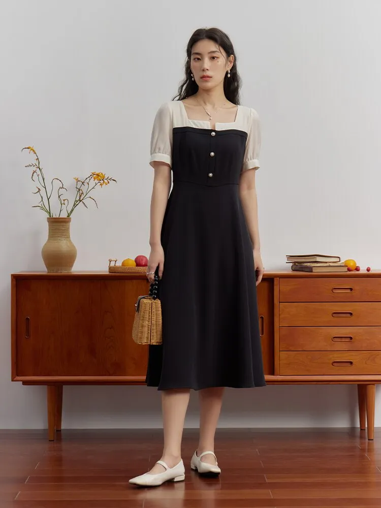 Nsquared French Color Contrast Splicing Temperament Square Collar Dress | New Waist Slimming Black Dress Female