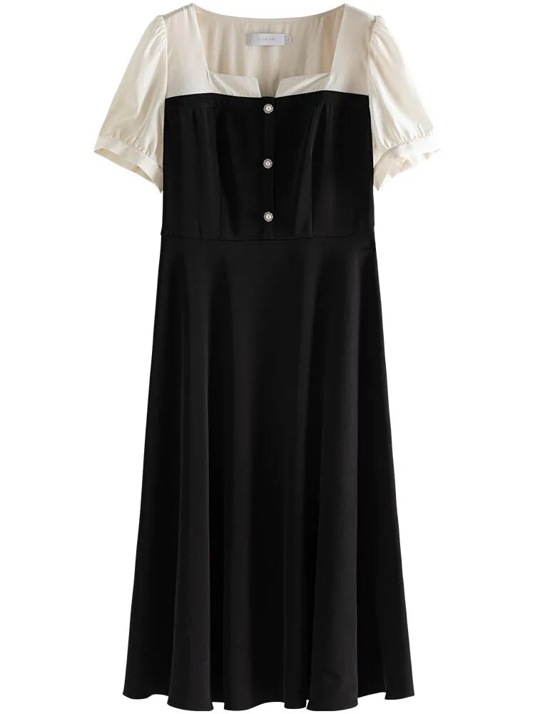 Nsquared French Color Contrast Splicing Temperament Square Collar Dress | New Waist Slimming Black Dress Female
