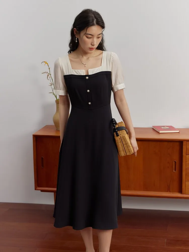 Nsquared French Color Contrast Splicing Temperament Square Collar Dress | New Waist Slimming Black Dress Female