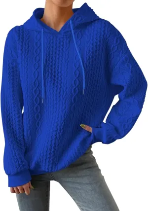 SHAOBGE Front L Women's Textured Long Sleeve Drop Shoulder Drawstring Pullover Solid Hoodie Top