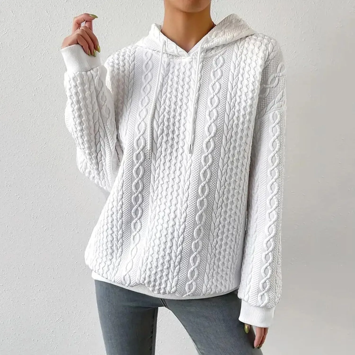 SHAOBGE Front L Women's Textured Long Sleeve Drop Shoulder Drawstring Pullover Solid Hoodie Top