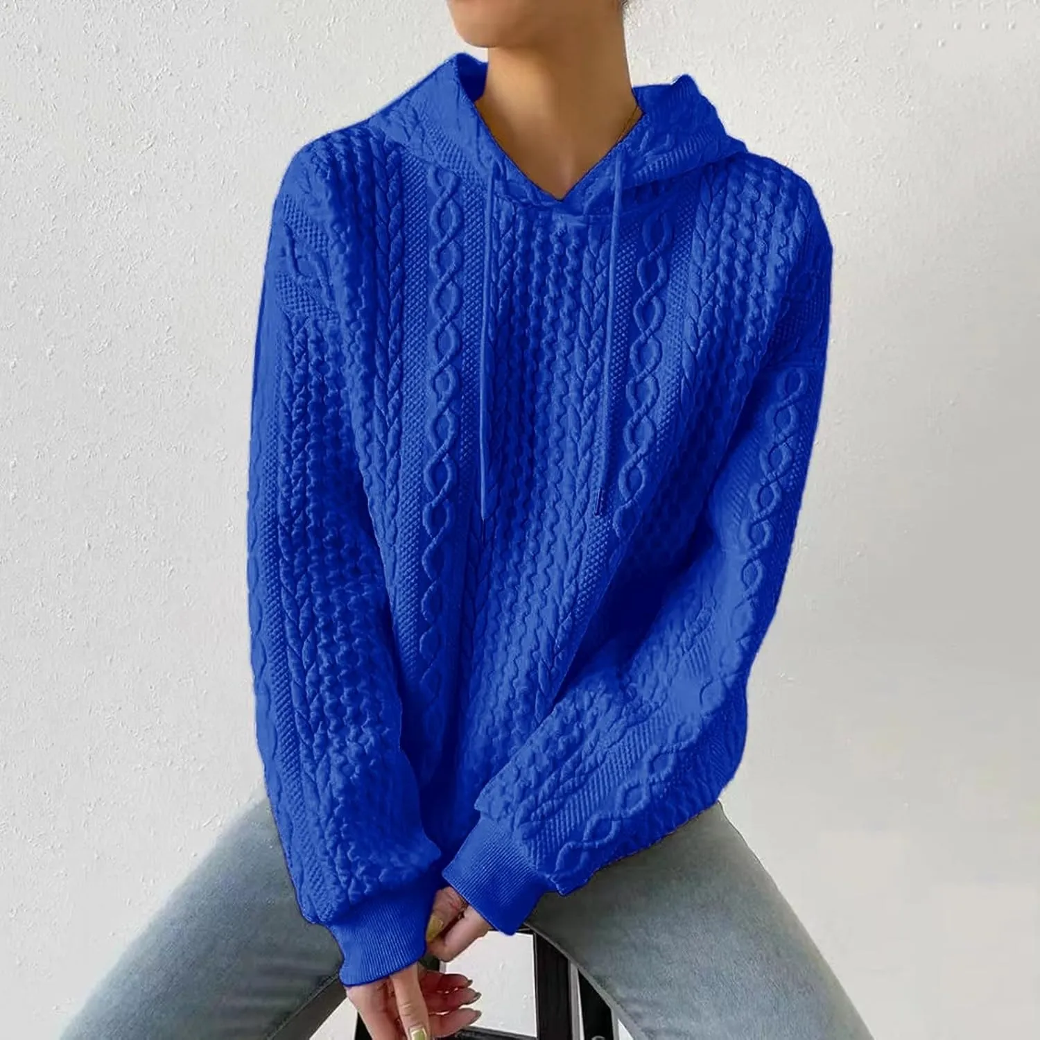 SHAOBGE Front L Women's Textured Long Sleeve Drop Shoulder Drawstring Pullover Solid Hoodie Top