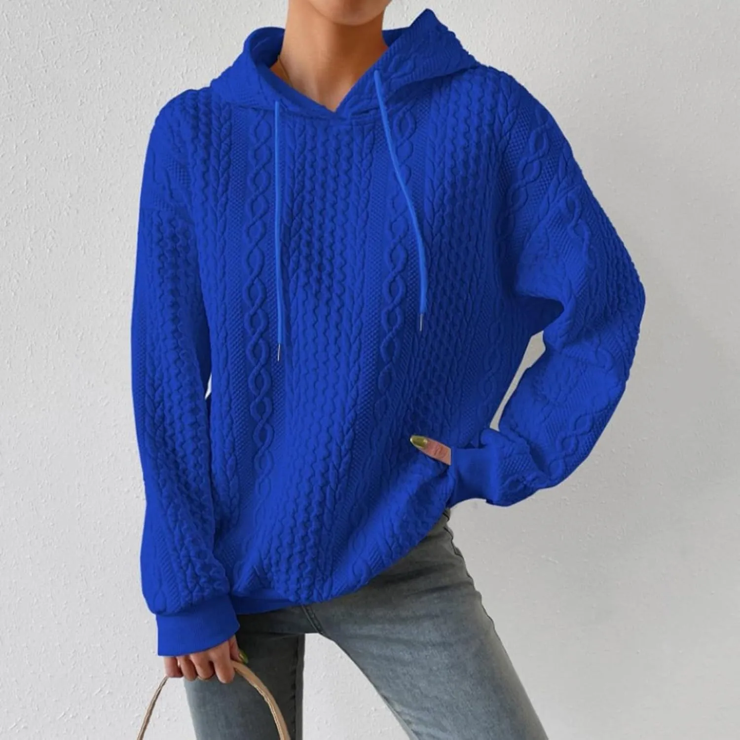 SHAOBGE Front L Women's Textured Long Sleeve Drop Shoulder Drawstring Pullover Solid Hoodie Top