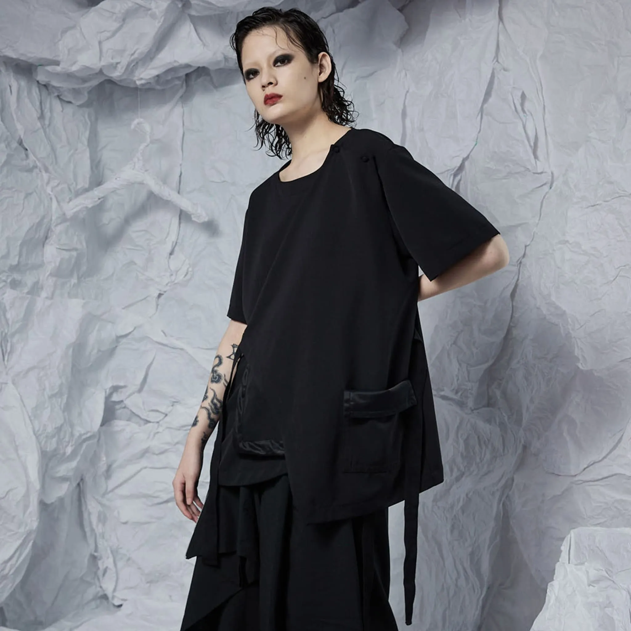 Short Sleeve Top with Draping Pocket