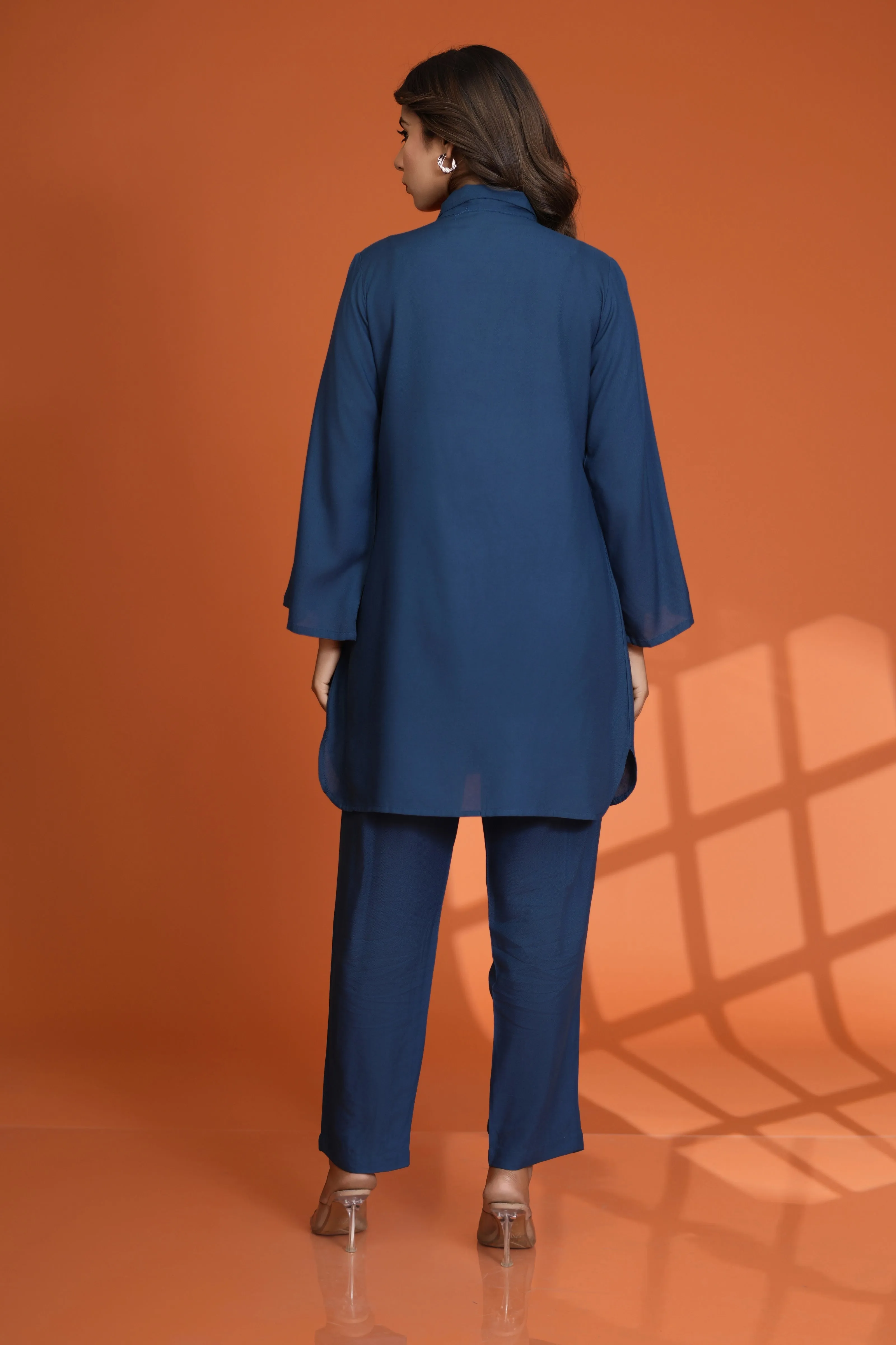 Teal Blue Embroidered Button-Front Co-Ord Set in Viscose Rayon