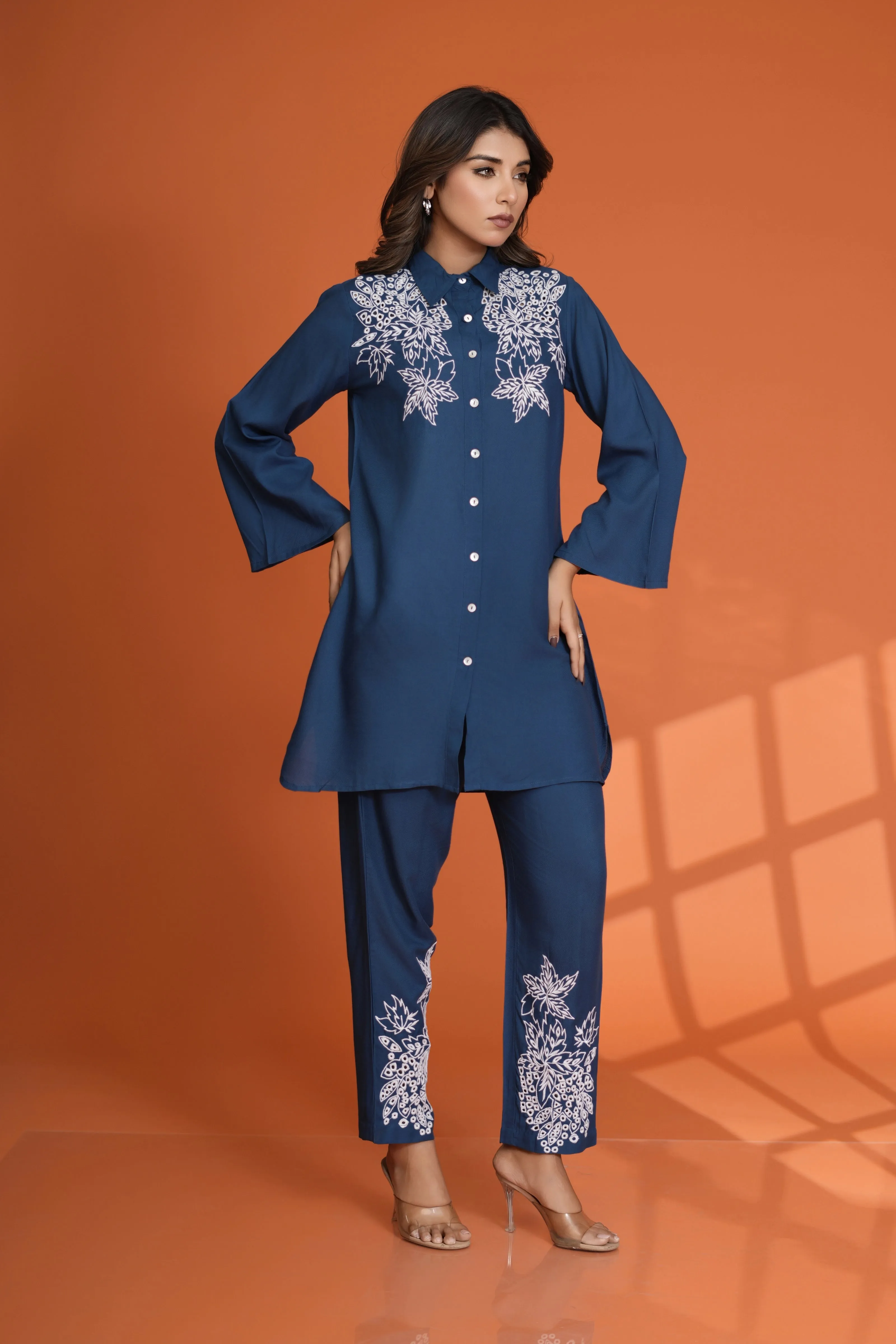 Teal Blue Embroidered Button-Front Co-Ord Set in Viscose Rayon