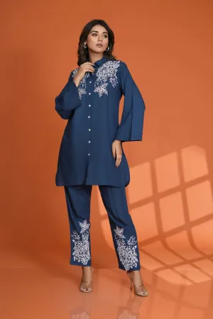 Teal Blue Embroidered Button-Front Co-Ord Set in Viscose Rayon
