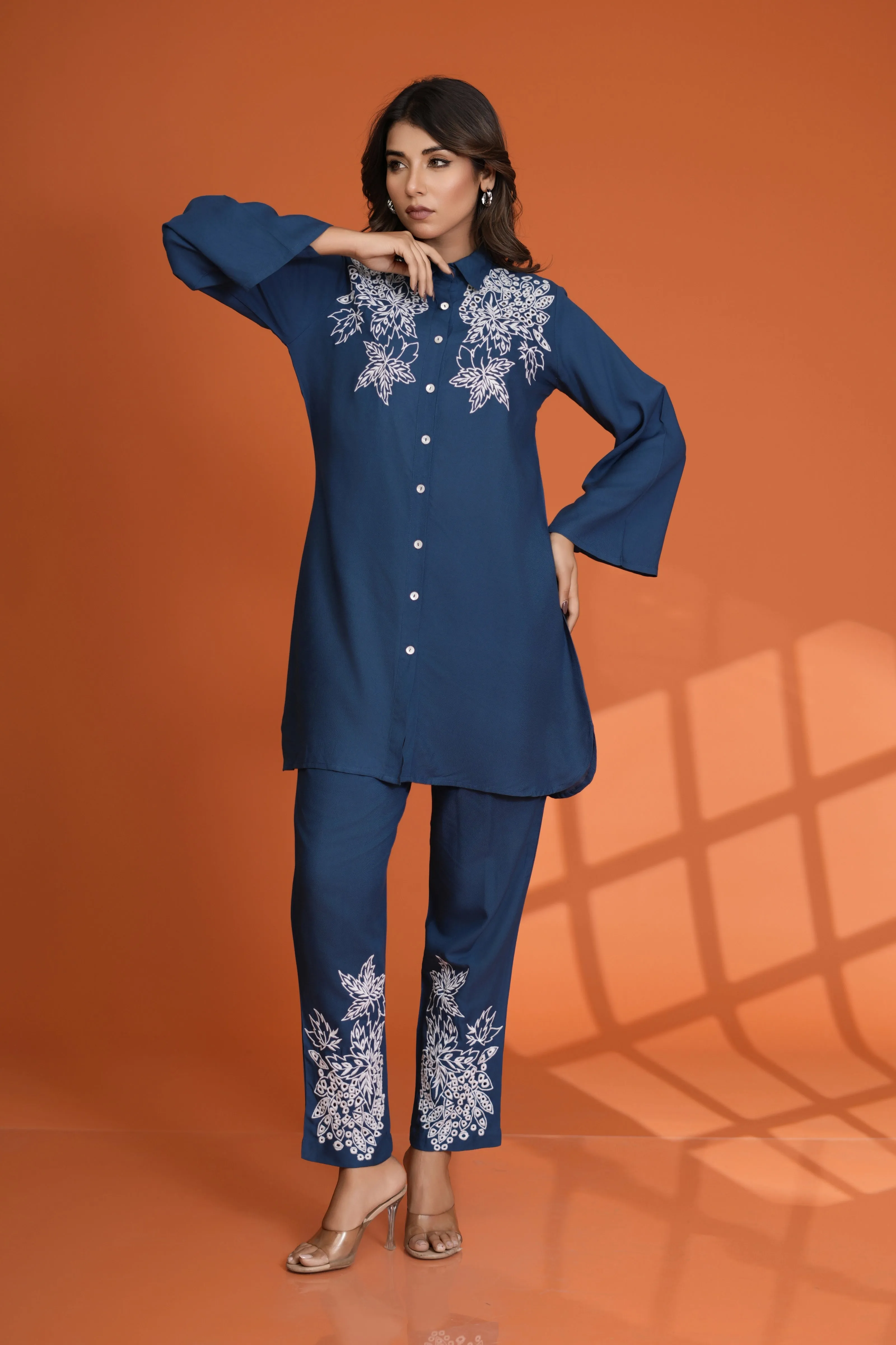 Teal Blue Embroidered Button-Front Co-Ord Set in Viscose Rayon