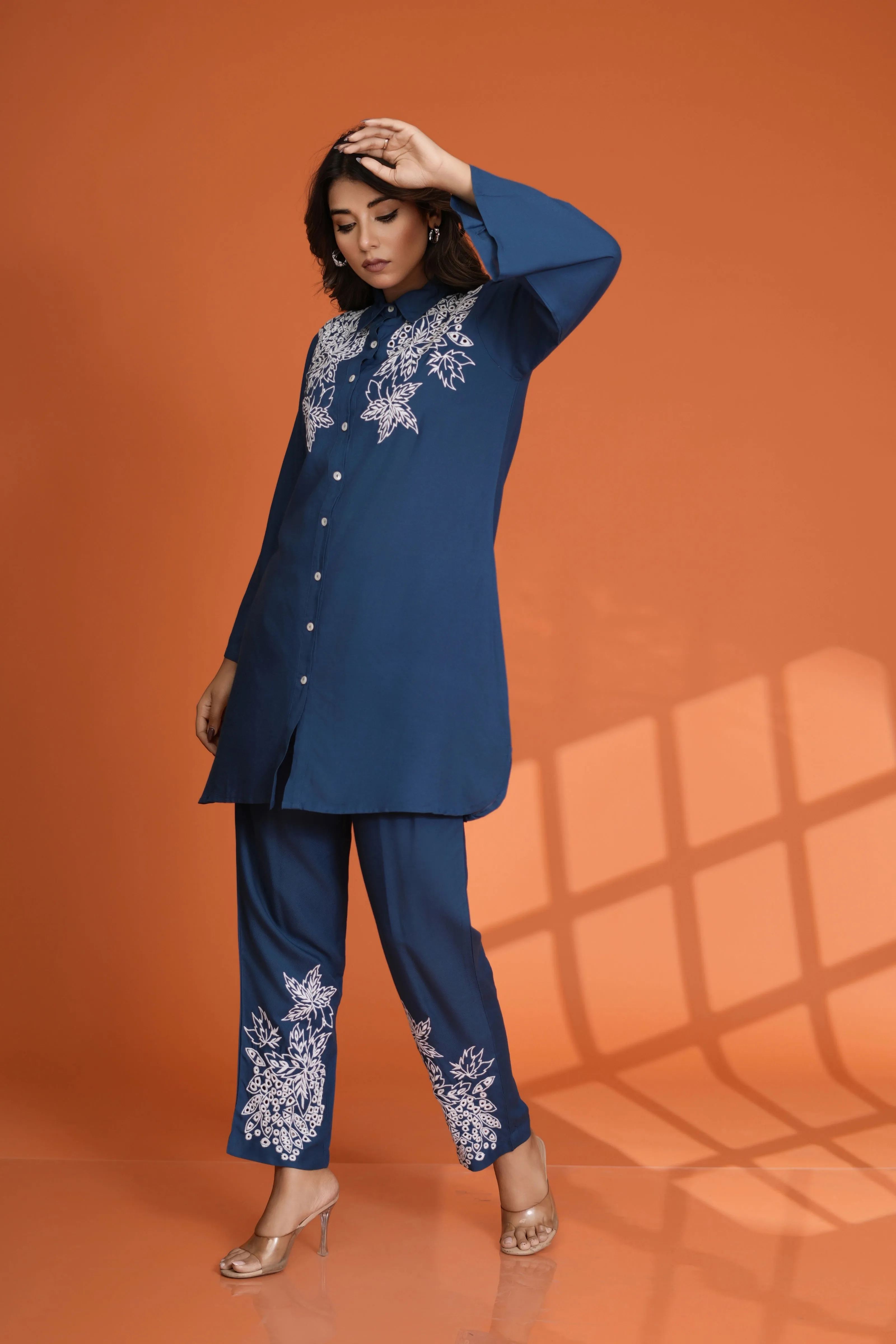 Teal Blue Embroidered Button-Front Co-Ord Set in Viscose Rayon