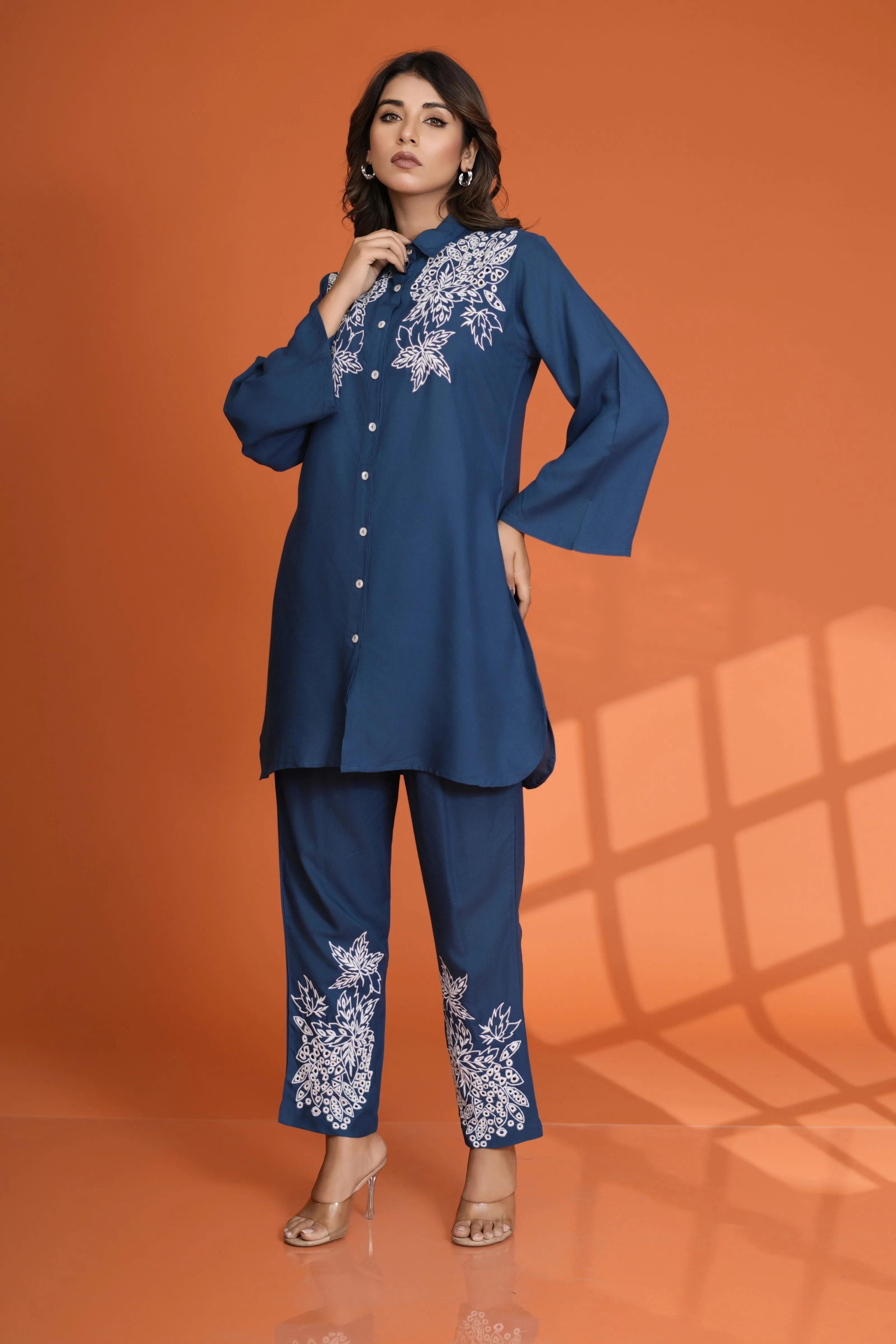 Teal Blue Embroidered Button-Front Co-Ord Set in Viscose Rayon