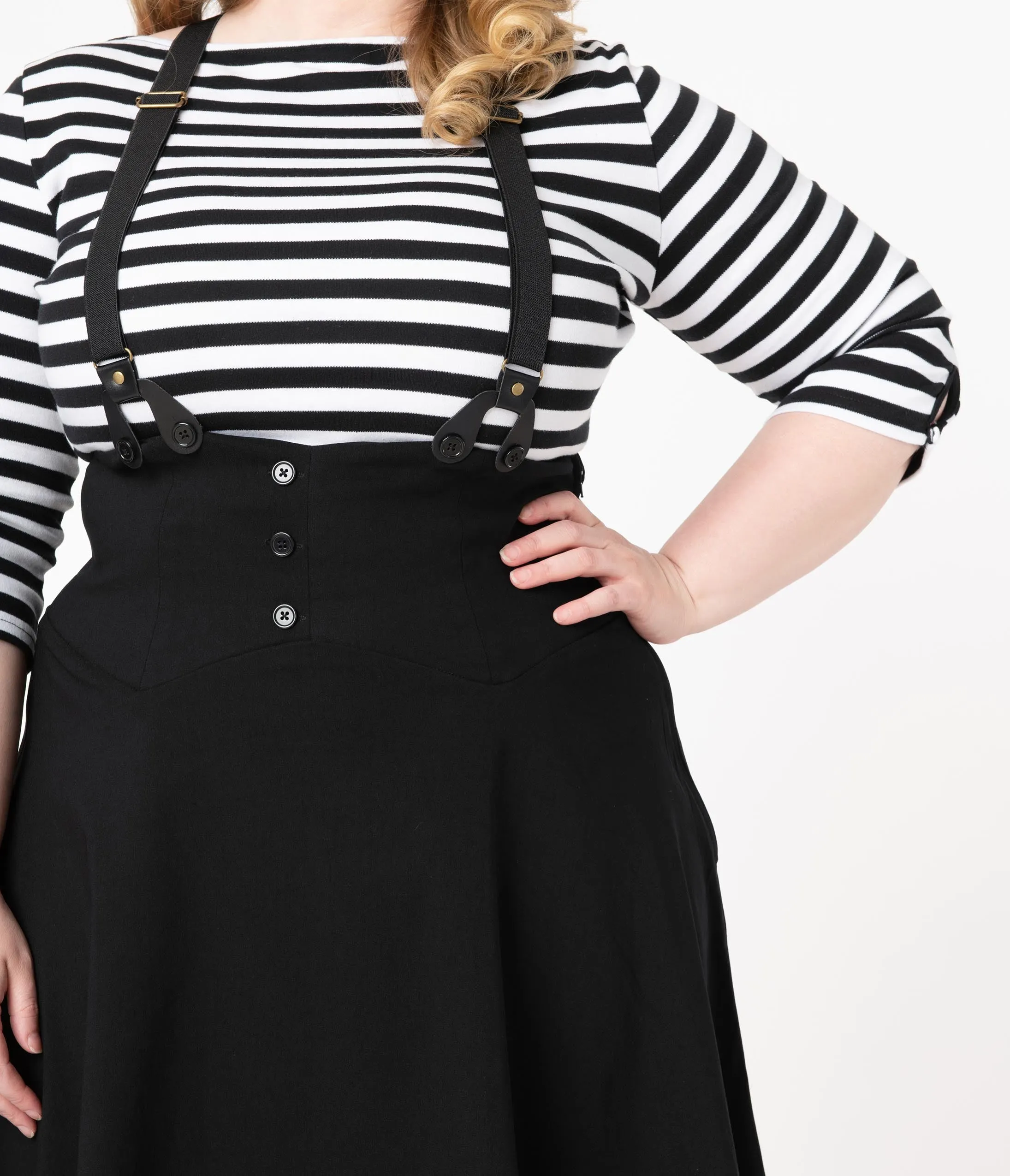 Unique Vintage Plus Size 1950s Black Chapman Suspender Swing Skirt
