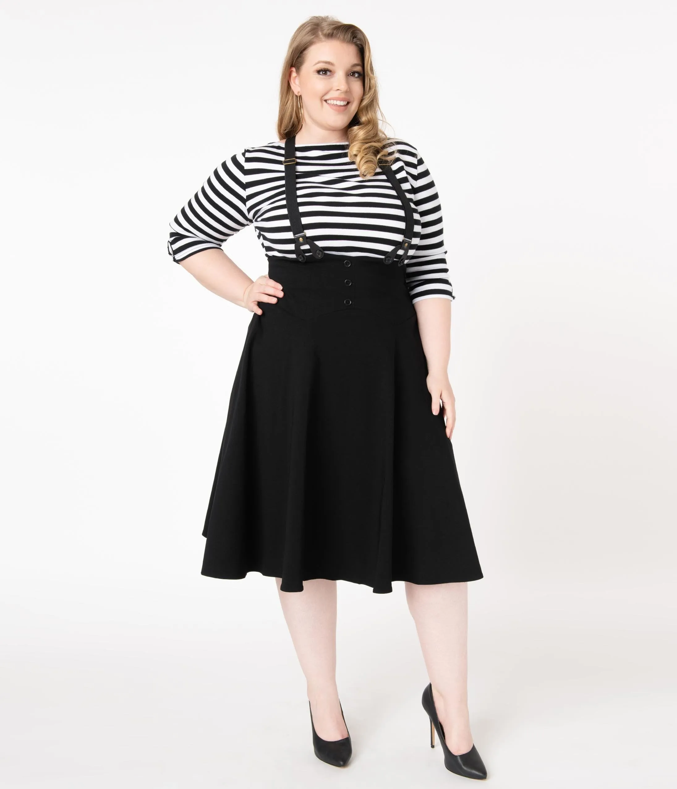 Unique Vintage Plus Size 1950s Black Chapman Suspender Swing Skirt