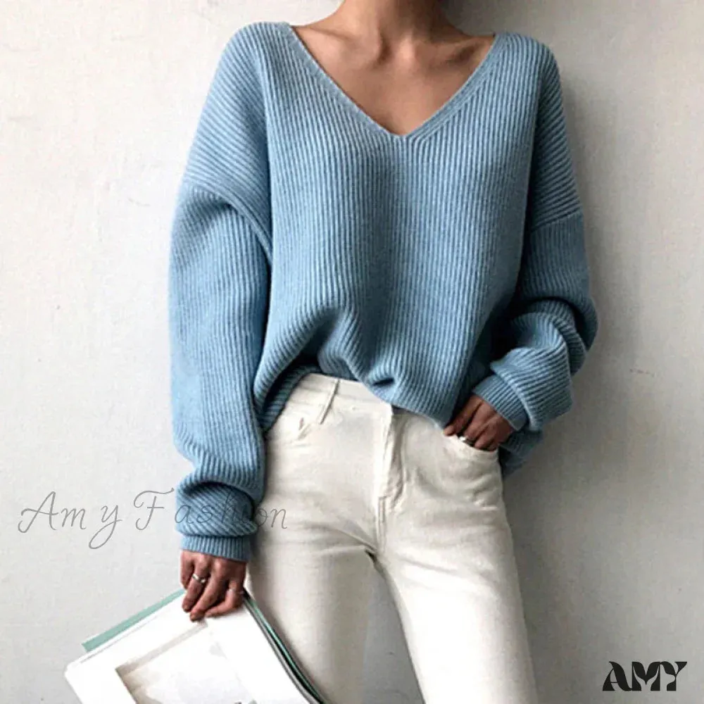 V Neck Women Oversized Knitted Fall 2024 Clothing Pullover Winter Autumn New Fashion Sweater