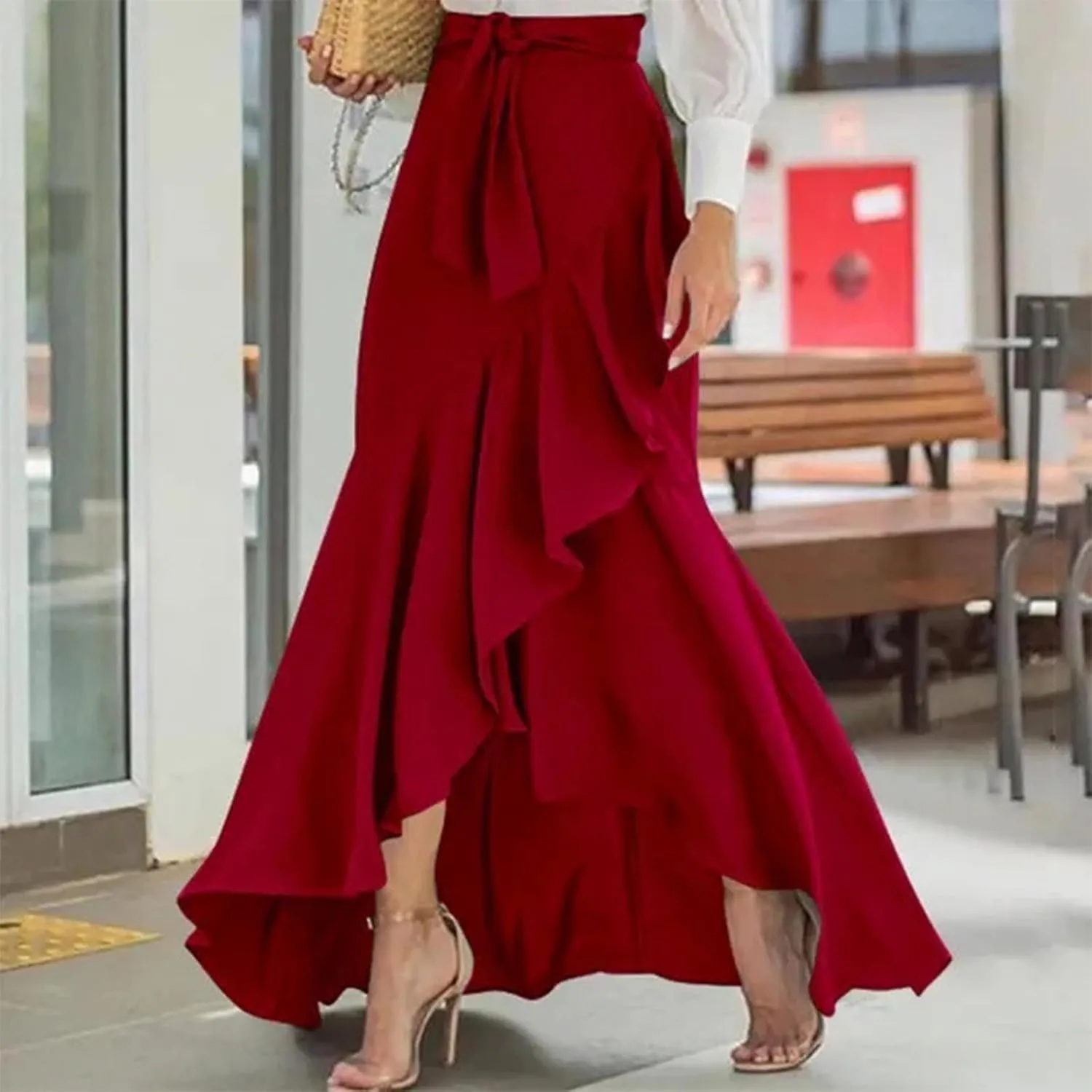 Women Ruffle Wrap Skirt Tie Waist Boho High Low Asymmetrical Maxi Beach Skirt Fishtail Long Casual Loose Flowy Skirt