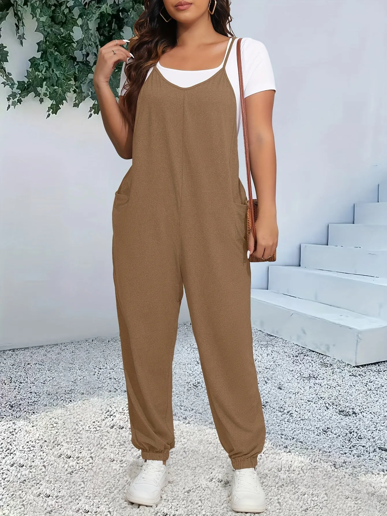 Women's Plus Heathered V Neck Cami Jumpsuit
