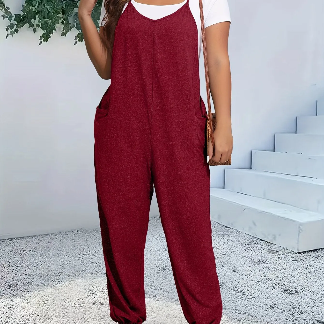 Women's Plus Heathered V Neck Cami Jumpsuit