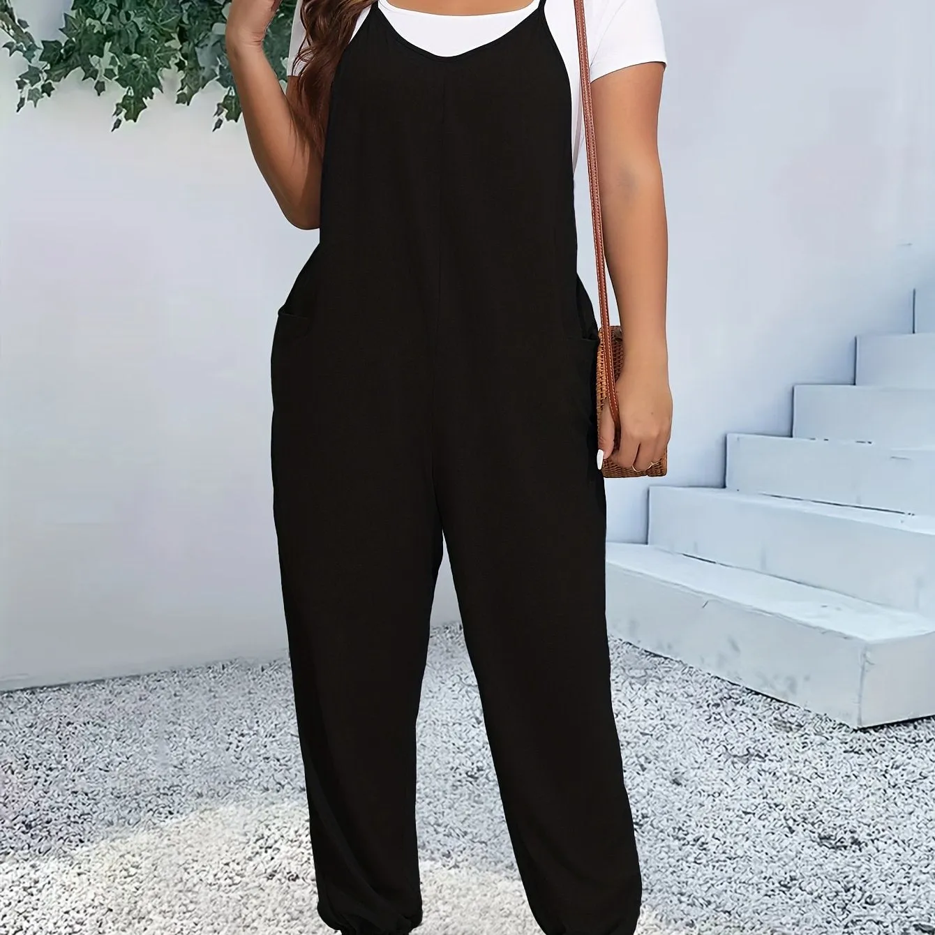 Women's Plus Heathered V Neck Cami Jumpsuit