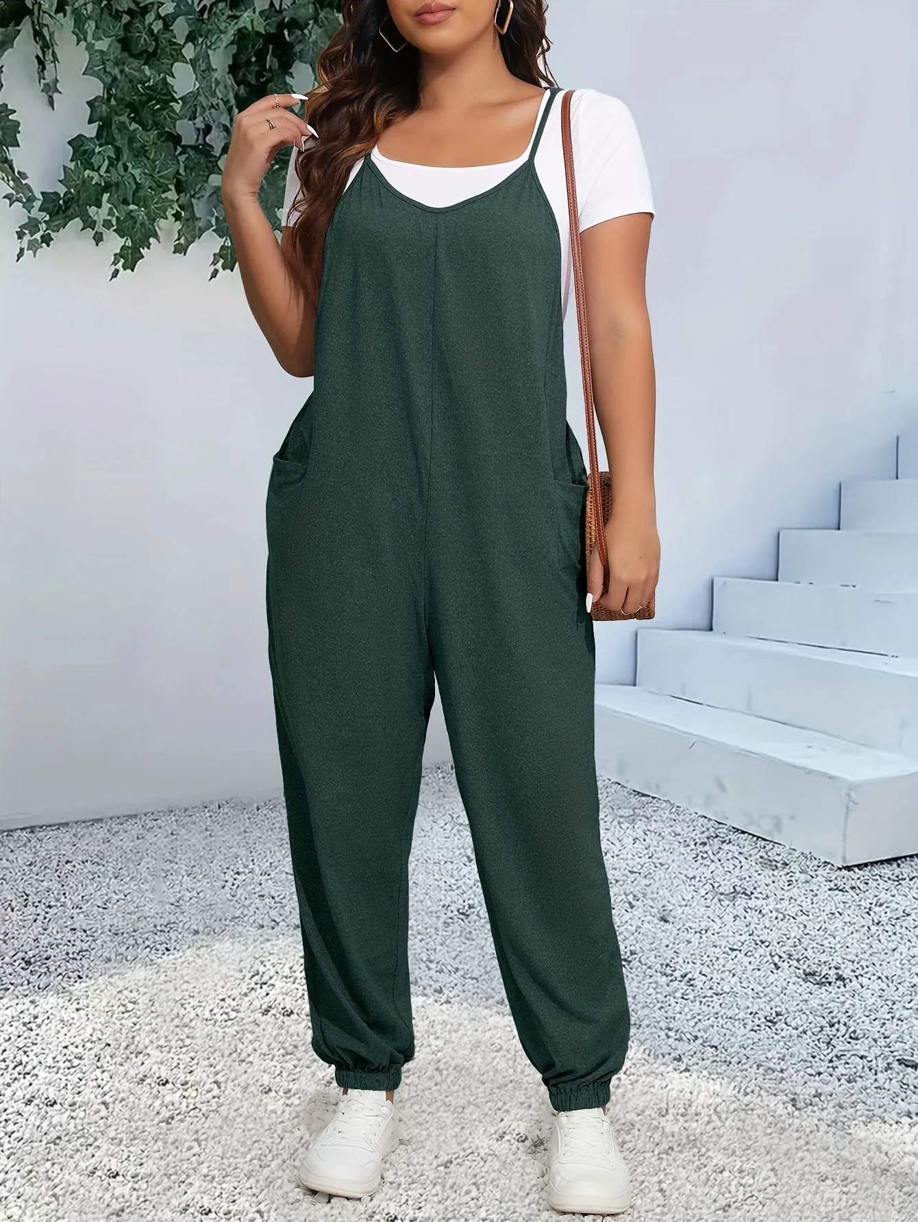 Women's Plus Heathered V Neck Cami Jumpsuit