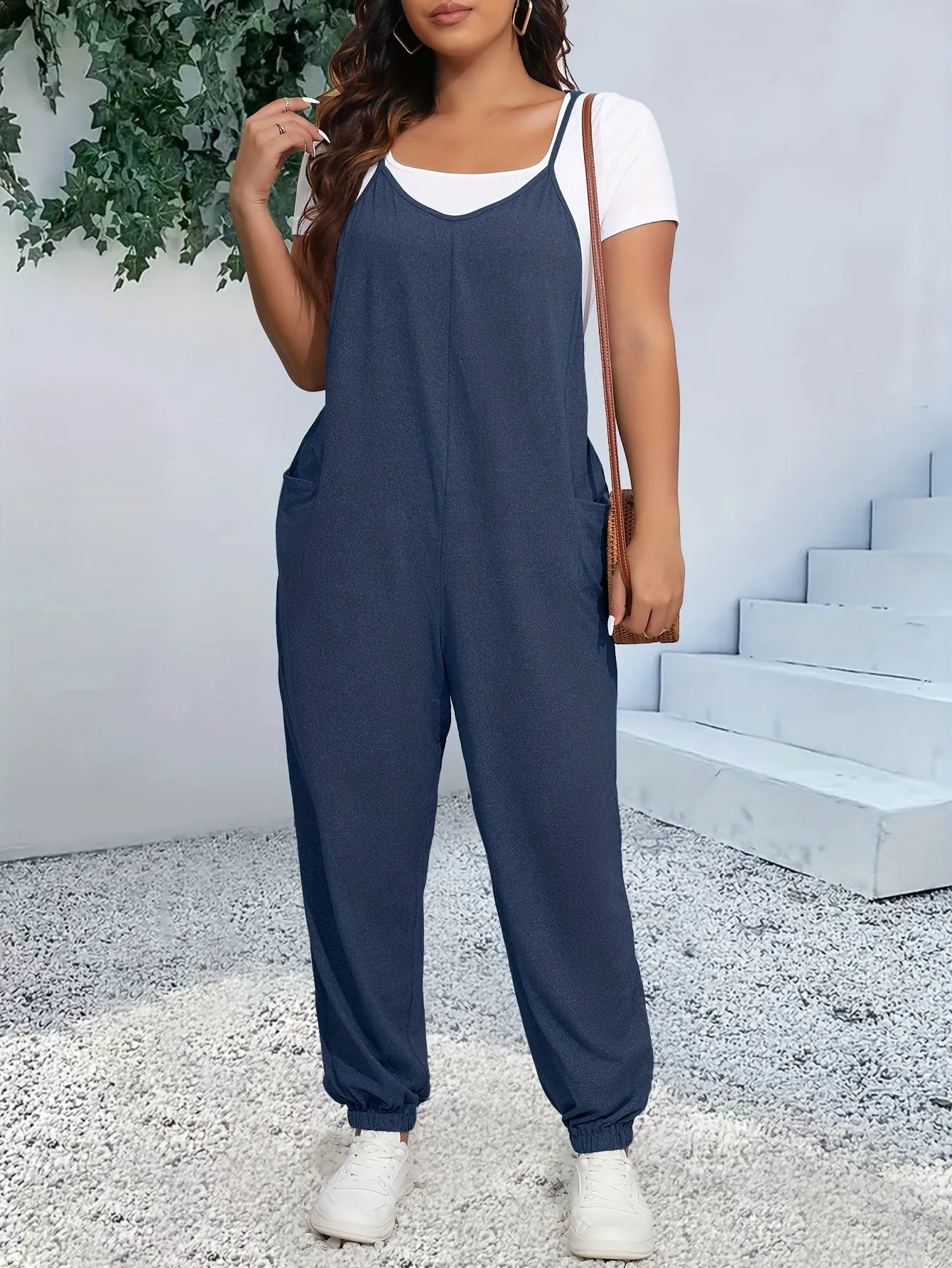 Women's Plus Heathered V Neck Cami Jumpsuit