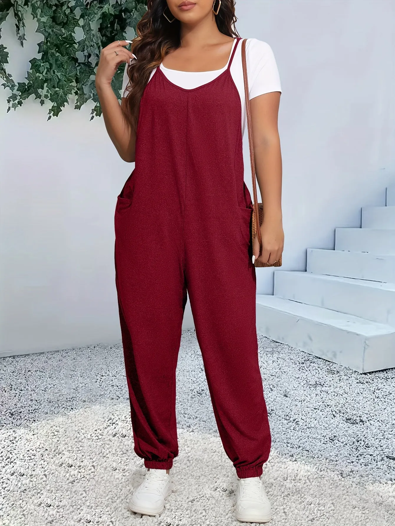 Women's Plus Heathered V Neck Cami Jumpsuit
