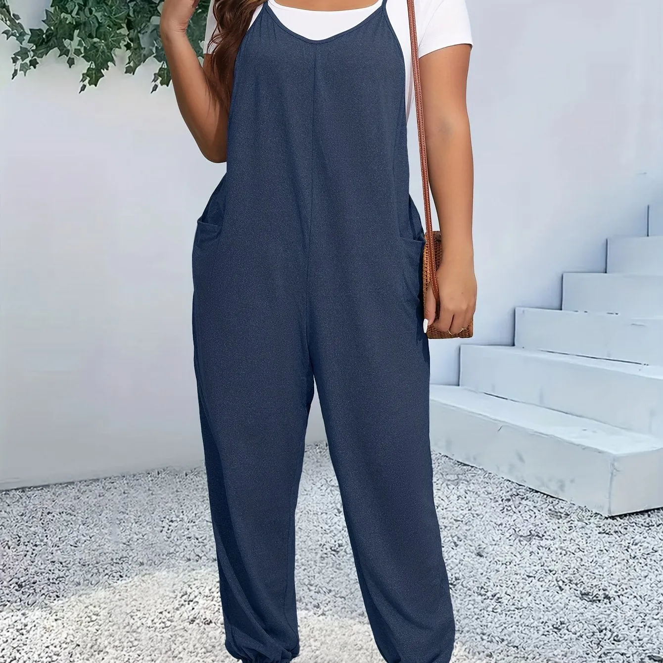 Women's Plus Heathered V Neck Cami Jumpsuit