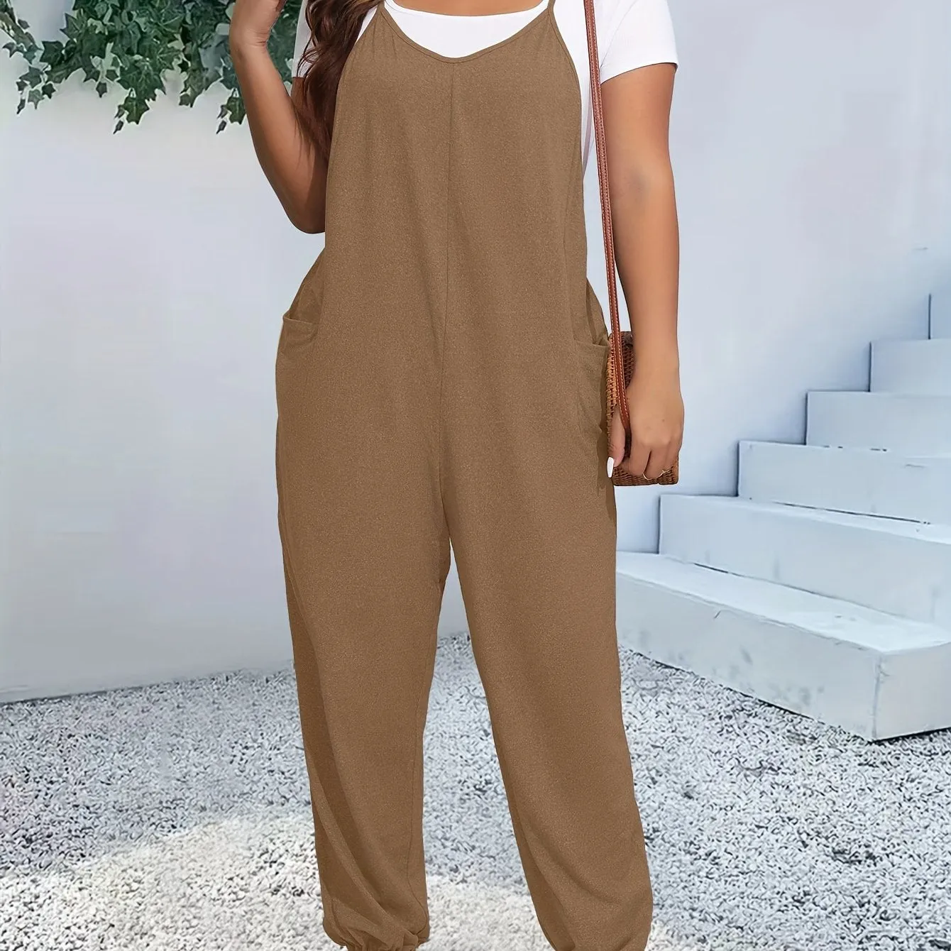 Women's Plus Heathered V Neck Cami Jumpsuit