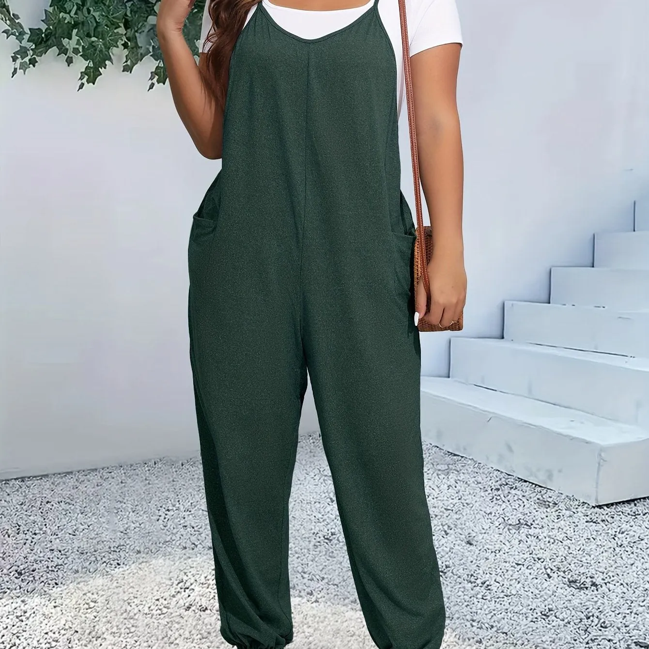 Women's Plus Heathered V Neck Cami Jumpsuit