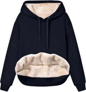 Womens Winter Warm Fleece Sherpa Lined Casual Drawstring Cotton Hooded Sweatshirts Thick Pullover with Pocket